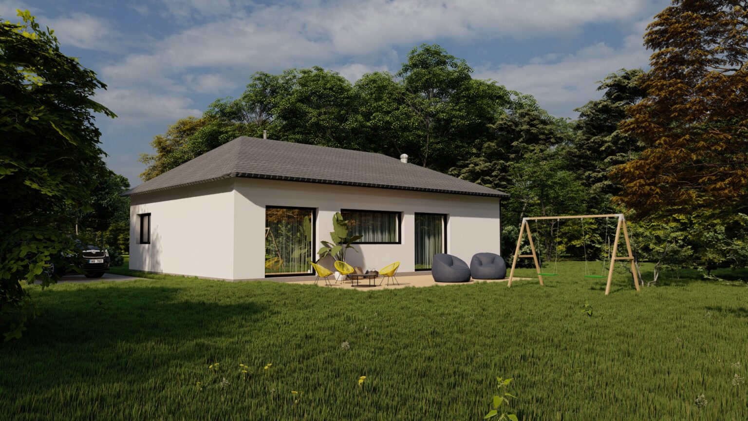 Přízemní rodinný dům s terasou, posezením a zahradní houpačkou